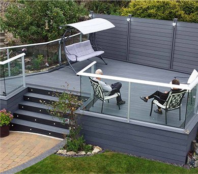Steps up to raised deck with person relaxing
